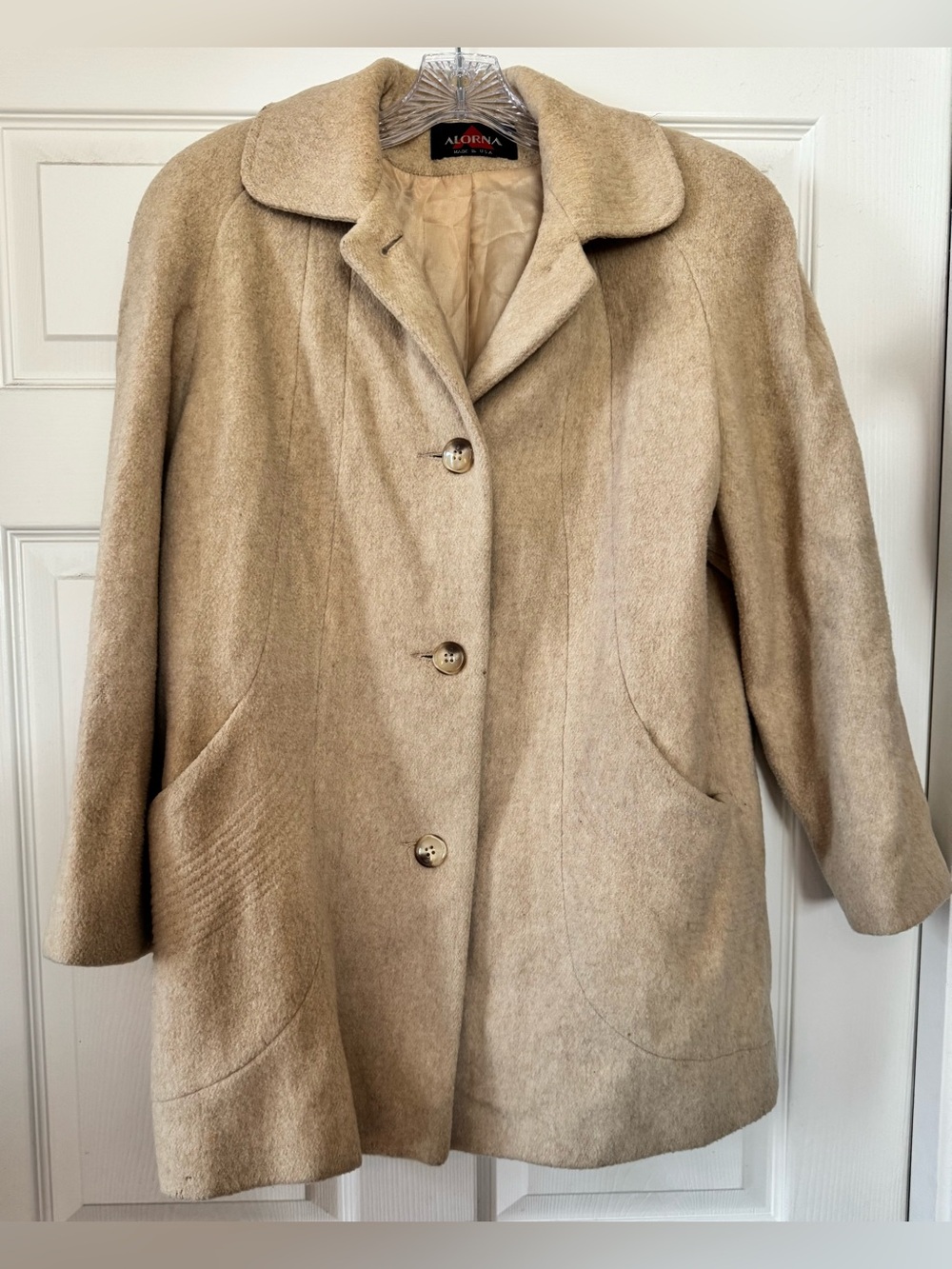 Vintage Alorna USA Wool Blend Beige Car Coat Puffy Shoulder Pads Button Front